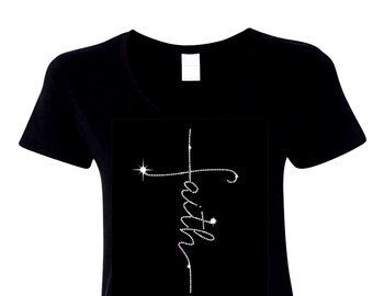 Rhinestone Faith T-Shirt: Black Cotton V-Neck Tee