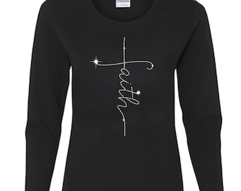 Rhinestone Faith Shirt: Black Cotton Long Sleeve Bling Tee