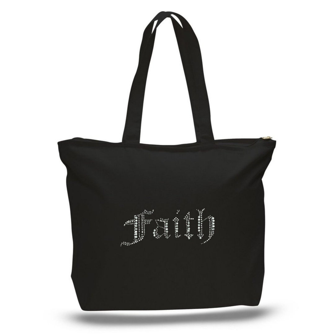Black Tote Bag With Clear Rhinestones Faith Gift Canvas Etsy