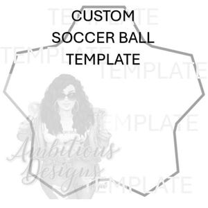 May include: A black and white customizable soccer ball template with the text "CUSTOM SOCCER BALL TEMPLATE" in the center. The template is shaped like a soccer ball and has a black outline.