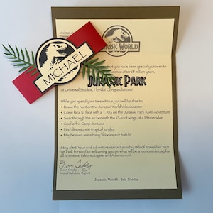 Dinosaur theme park invitations gift for kids Jurassic Park Jurassic World Universal Studios velociraptor prehistoric surprise fun