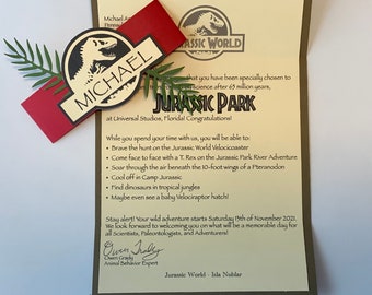 Dinosaur theme park invitations gift for kids Jurassic Park Jurassic World Universal Studios velociraptor prehistoric surprise fun