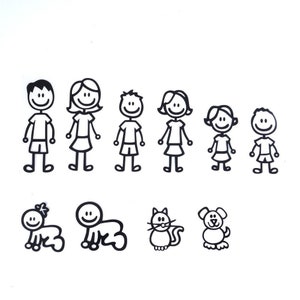 My Stick ファミリー カー デカール シート 10 枚 (TEN) ステッカー、ママ、パパ、ティーンの男の子、女の子、赤ちゃん、ペット、猫、犬、ビニール、窓、フィギュア、バンパー