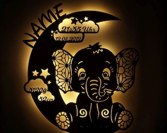 Schlummerlicht personalisiert Baby Holz Wand Mond Lampe mit Namen I Geschenk zur Geburt Taufe für Junge & Mädchen I Batteriebetrieb
