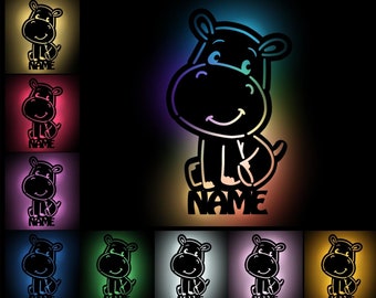 Hippo Wood Night Light Slumber Light Wall Lamp Personalized with Name as a Gift for Birth & Baptism for Kids I USB Color Change