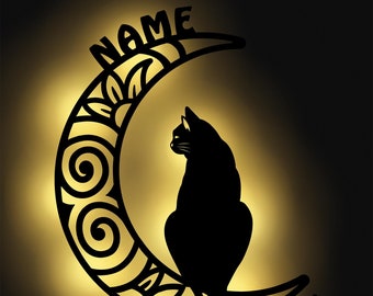 LED cat on the moon wooden decorative wall lamp night light personalized with name I gifts for cat lovers I battery operated