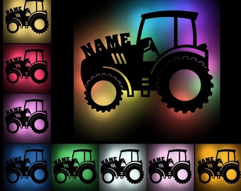 Traktor Holz Wand Lampe Nachtlicht Schlummerlicht personalisiert mit Namen I Geschenk für Jungs & Mädchen Landwirte Bauern, USB Farbwechsel