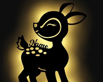 LED Reh Rehkitz Holz Deko Wand Lampe Nachtlicht Schlummerlicht personalisiert mit Namen I Geschenke für Baby & Kinder I Batteriebetrieben