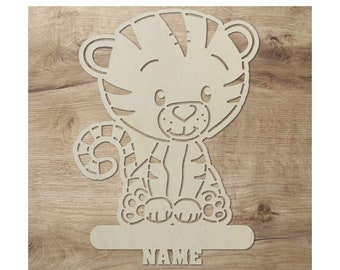 Tiger Namensschild Türschild Holz Schild personalisiert mit Namen I Geschenkidee zur Geburt für Kinder & Babys I Farbauswahl I als Wandlampe