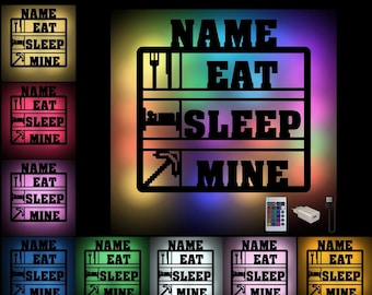 Eat Sleep Mine -  Deko RGB Wand Licht mit Namen personalisiert als Geburtstag Geschenk für Gamer I USB Farbwechsel mit Fernbedienung