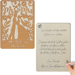 Houten felicitatiekaart voor een bruiloft, beschrijfbare handgemaakte wenskaart gemaakt van MDF beukenfineer en berkenmultiplex