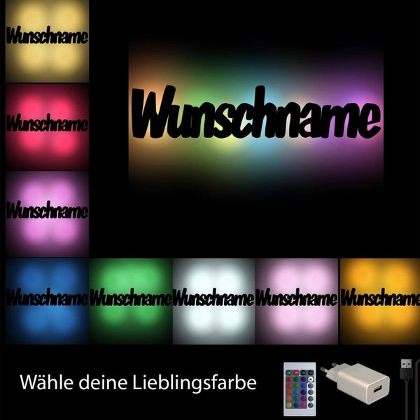 Namensschild Lampe Holz Deko Wand Schlummerlicht Nachtlicht personalisiert mit Namen I Geschenke für Erwachsene & Kinder I USB Farbwechsel