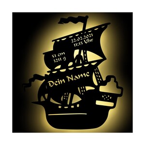 Pirate Gifts Wooden Wall Lamp Night Light Personalized with Name I Gift for Boys & Girls I Pirate Ship Battery Operated