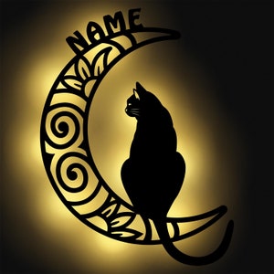 LED cat on the moon wooden decorative wall lamp night light personalized with name I gifts for cat lovers I battery operated