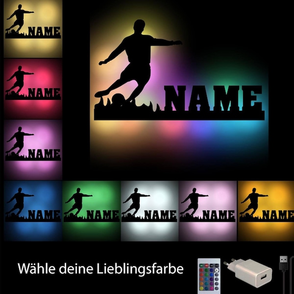 USB Farbwechsel Fußball Spieler Holz Wand Lampe Nachtlicht Schlummerlicht personalisiert mit Namen I Geschenk für Junge & Mädchen Bundesliga