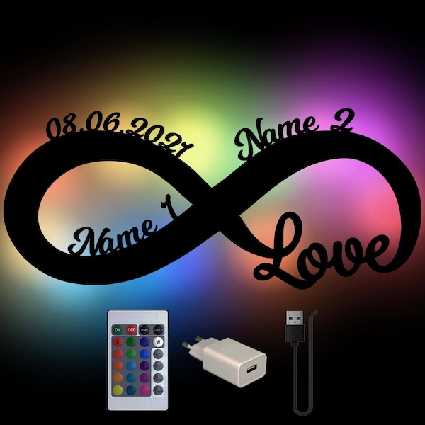 Love Gifts Infinity Sign Love Houten Wandlamp gepersonaliseerd met naam als Proof of Love I USB + afstandsbediening