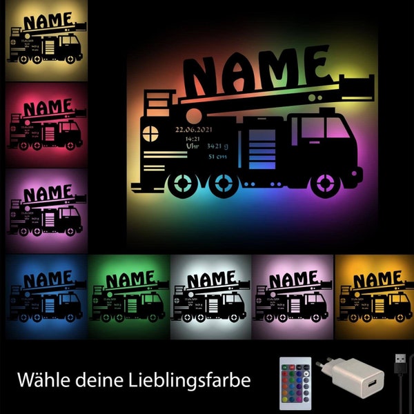 USB Farbwechsel Feuerwehr Auto Holz Wand Lampe Nachtlicht Schlummerlicht personalisiert mit Namen als Geschenk für Junge & Mädchen