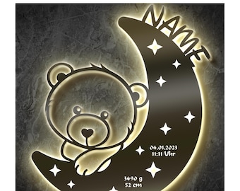Gift for birth, christening, night light, baby personalized wooden wall moon lamp with name | for boys & girls | battery operated