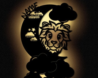 Lampe Lune personnalisée bébé Lion Wall Moon Lamp nommée I Cadeau pour la naissance Baptême pour garçons et filles I Fonctionnement de la batterie
