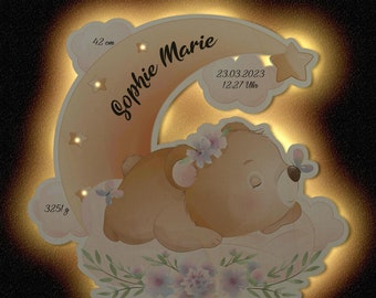 Veilleuse lune personnalisée bébé ours en peluche applique murale avec nom I cadeau pour la naissance baptême pour garçon & fille I fonctionne sur batterie