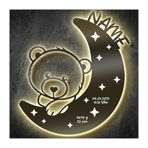 Geschenk zur Geburt Taufe Schlummerlicht Baby personalisierte Holz Wand Mond Lampe mit Namen I für Junge & Mädchen I Batteriebetrieb