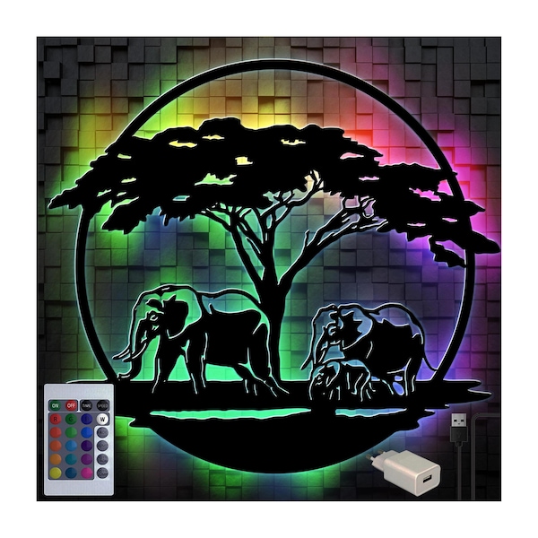 Africa Elephant LED Lampe Murale en Bois Décoration Lampe d’éclairage de salle I USB + Télécommande