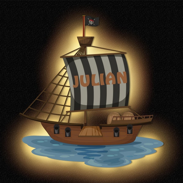 Lampe bateau pirate veilleuse avec nom I LED décoration murale en bois cadeau pour petits et grands pirates I batterie