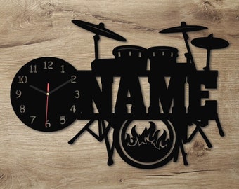 Clock Drumset Wall Decoration personalized with name I Gift Gift Idea for Adults & Musicians I Battery Operation