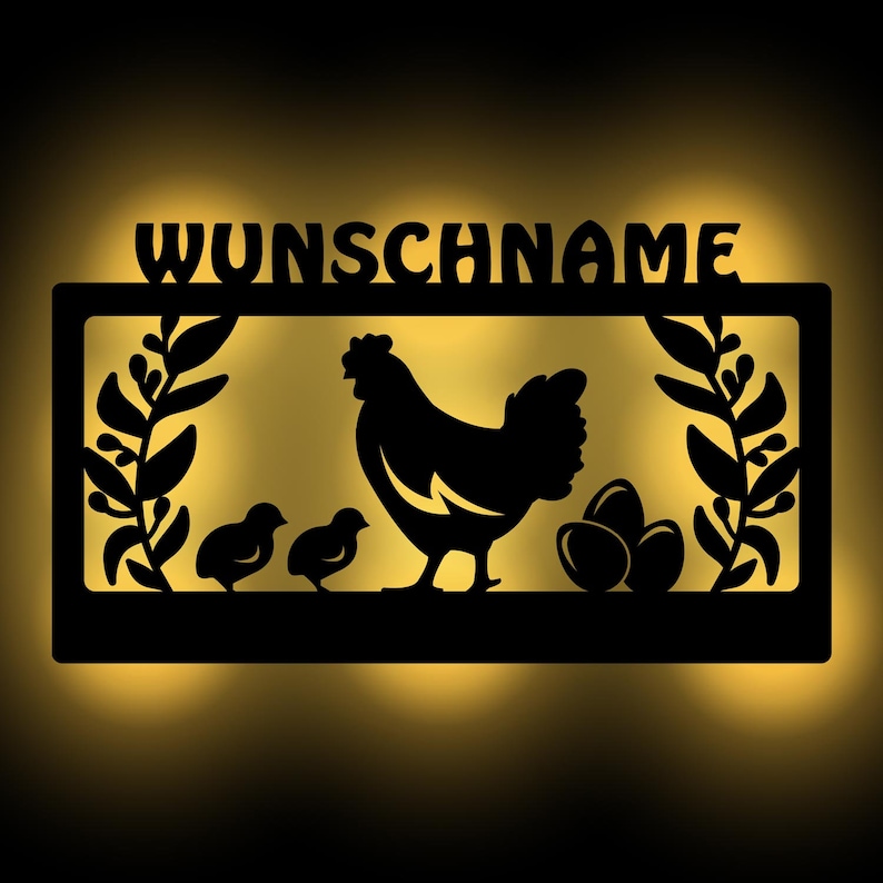 Hühnerfarm Geschenk personalisiert mit Namen I Holz Wand Lampe Geschenkideen Hühnerfreunde Hühner Huhn für Erwachsene & Kinder I Batterie Bild 1