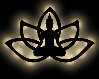 Yoga-meditatie houten decoratieve wandlamp I Cadeaus voor spirituele Budda-fans I Werkt op batterijen