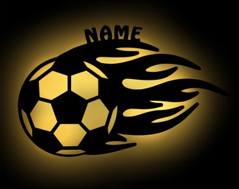 Fußball Flammen Deko Wand Lampe Nachtlicht personalisiert mit Namen I Geschenk für Jungs Jungen Mädchen & Erwachsene I Batteriebetrieb