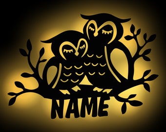 LED owl couple wooden decoration wall lamp night light personalized with name I Gifts for children & adults I Battery operated