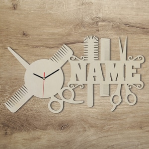 Cadeaux de coiffeur horloge murale personnalisée avec le nom I idée cadeau en bois employé coiffeur pour l'ouverture du salon anniversaire Noël image 1