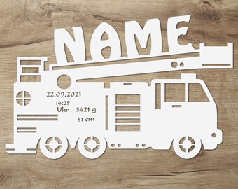Lampe Murale LED Camion Pompier Personnalisable - Veilleuse Bois Avec Prénom - Cadeau Enfant