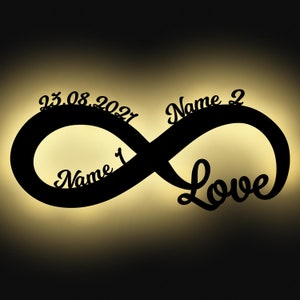 Lámpara de pared de madera con signo infinito, luz nocturna personalizada con el nombre I para él y ella, novia como muestra de amor, aniversario, funciona con pilas