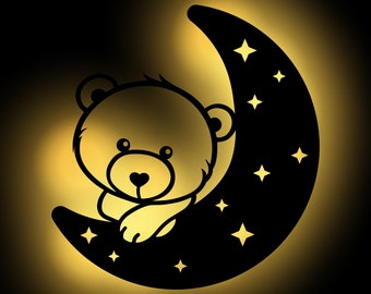 LED Sleeping Bear op Maan Hout Kamer Wanddecoratie Licht I Wanddecoratie Muursticker Cadeaus voor Kinderen Kinderkamer I Batterij werking