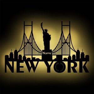 LED Skyline New York Drewniany kinkiet Lampka nocna Spersonalizowana imieniem I Prezent na urodziny Boże Narodzenie I Zasilanie bateryjne