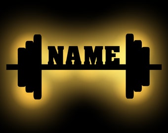 Dumbbell Weight Decoration Gift Personalized with Name I Wooden Wall Lamp Birthday Gift Ideas for Sports Enthusiasts Battery Powered