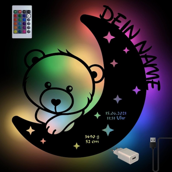 Personalisiertes Panda Nachtlicht – Wandlampe Aus Holz Mit Namen, 38x35 Cm, Batteriebetrieben, Wählbare Farben