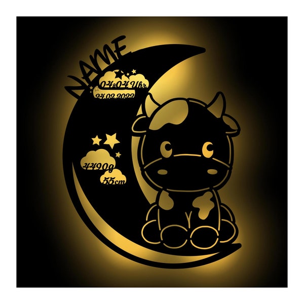 Lumière de sommeil Lampe murale de lune en bois de bébé personnalisée avec nom I Cadeau pour le baptême de naissance pour garçon et fille I Fonctionnement de la batterie