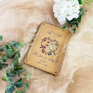 Carte de mariage avec motif d'oiseau | Cadeau d'argent en bois personnalisé avec gravure | Carte de félicitations de mariage créative avec fenêtre