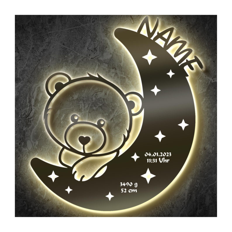 Geschenk zur Geburt Taufe Schlummerlicht Baby personalisierte Holz Wand Mond Lampe mit Namen I für Junge & Mädchen I Batteriebetrieb Bild 1