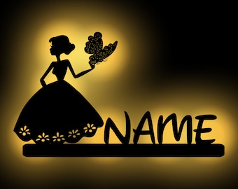 LED Princess with Butterfly Wooden Wall Lamp Night Light Personalized with Name I Gift for Girls I Battery Operated