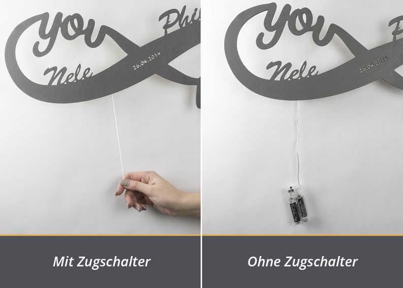 K&ouml;nnte beinhalten: Zwei Bilder eines grauen Unendlichkeits-Symbols mit den Worten "You" und "Nele" und dem Datum "26.04.2014" eingraviert. Das linke Bild zeigt eine Hand, die an einer Schnur zieht, die an dem Symbol befestigt ist, w&auml;hrend das rechte Bild das Symbol zeigt, das mit einem Zugschalter h&auml;ngt.