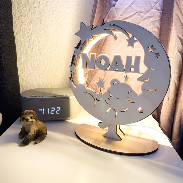 Maantafellamp van hout - gepersonaliseerd met naam, maanmotief, USB-bediening, cadeau-idee voor baby- en kinderkamers bij geboorte en doop