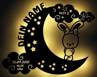 Regalos para el nacimiento personalizados con nombre decoración de madera lámpara de pared luz nocturna sueño luz conejo en la luna I funciona con baterías