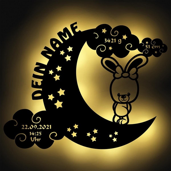 Geschenke zur Geburt personalisiert mit Namen Holz Deko Wand Lampe Nachtlicht Schlummerlicht Hase auf dem Mond I Batteriebetrieben