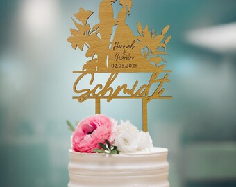 Gepersonaliseerde houten bruidstaarttopper | Individuele taartdecoratie met naam & datum | Edele taarttopper voor bruidstaarten