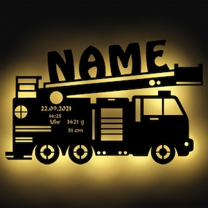 Brandweerauto houten decoratieve wandlamp snooze light nachtlampje gepersonaliseerd met naam I cadeaus voor brandweervrienden I werkt op batterijen