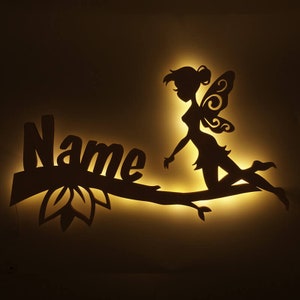 Fairy Gifts Girls Wooden Wall Lamp Night Light Snooze Light Personalized with Name I Gift for Birthday Birth I Battery Operated